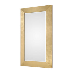 Gold wall mirror by Uttermost, Chaney style, featuring a sleek rectangular frame with a reflective glass surface.