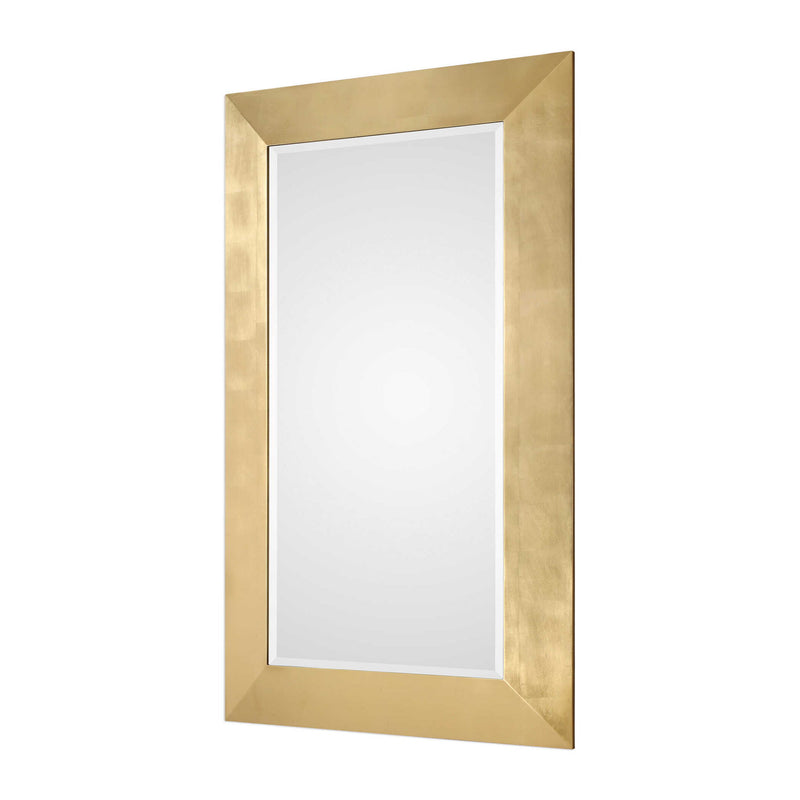 Gold wall mirror by Uttermost, Chaney style, featuring a sleek rectangular frame with a reflective glass surface.