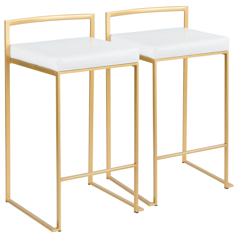 Lumi Source Fuji contemporary glam counter stool set with sleek design, featuring cushioned seats and modern metallic legs.