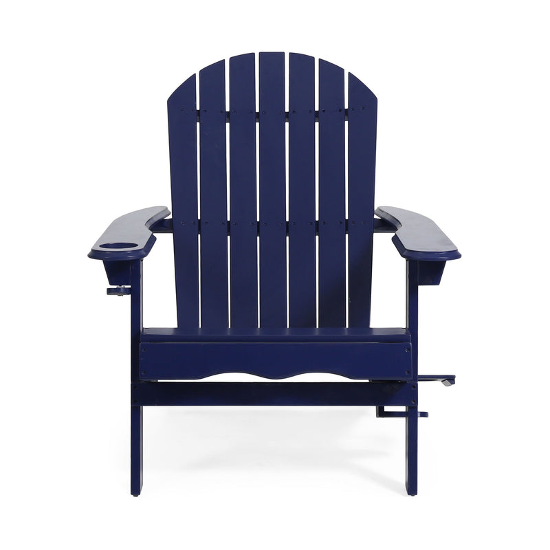 Noble House Zenithia outdoor foldable Adirondack chair with two cup holders, made of weather-resistant material, in a garden setting.