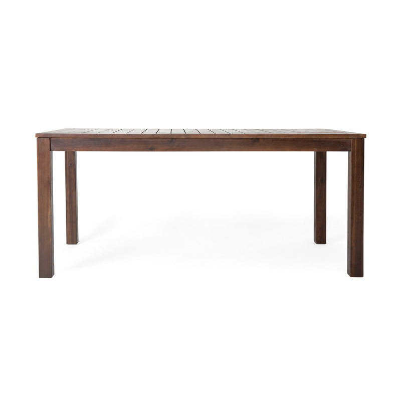 Dark brown Acacia wood outdoor dining table with a slatted top, ideal for patio or garden outdoor dining setups.