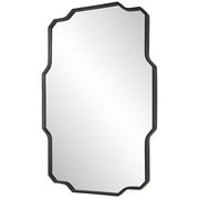 Black Casmus Iron Wall Mirror by Uttermost featuring a sleek circular design mounted on a wall.