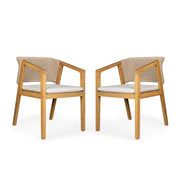 Set of two Noble House patio dining chairs in light teak wood with slatted seats and armrests for outdoor dining.