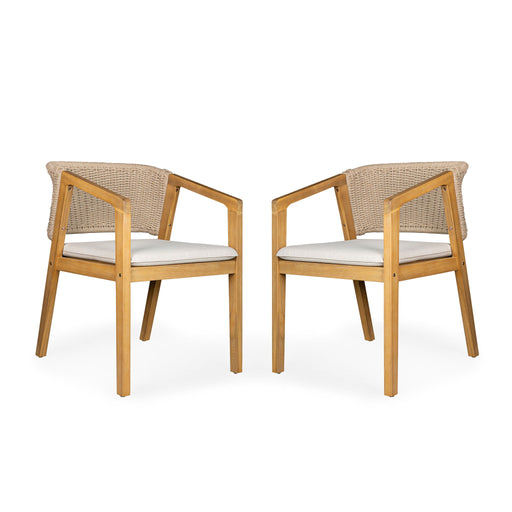 Set of two Noble House patio dining chairs in light teak wood with slatted seats and armrests for outdoor dining.