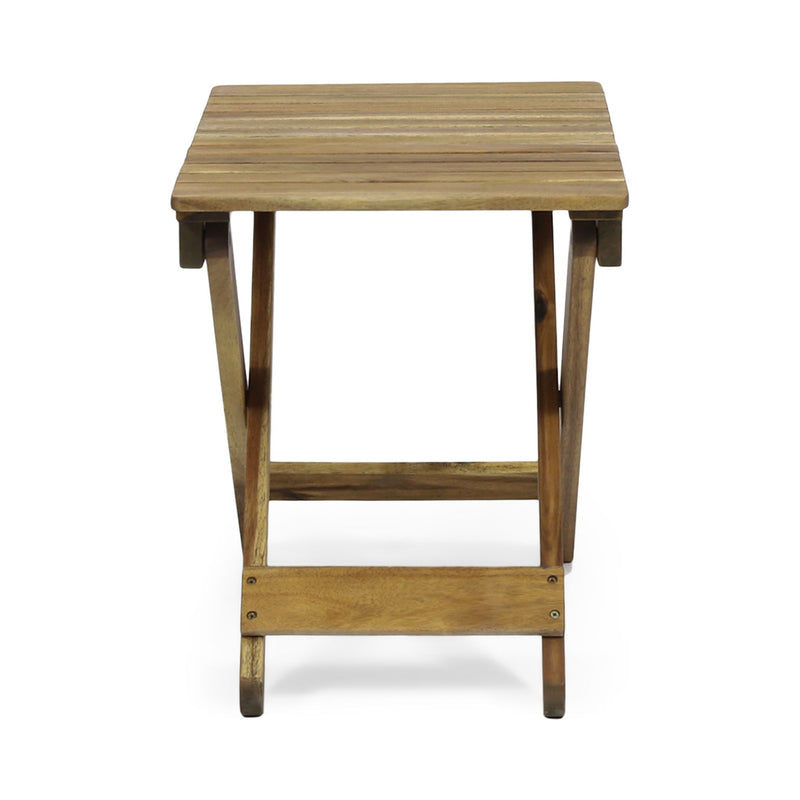 Outdoor folding wooden side table by Noble House, showing a compact, natural wood finish with foldable design for outdoor use.