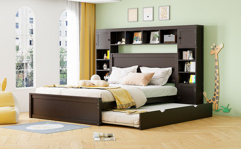DreamHaus cabinet bed with integrated shelf, sockets, and twin long trundle, showcasing a modern multi-functional bedroom furniture piece.