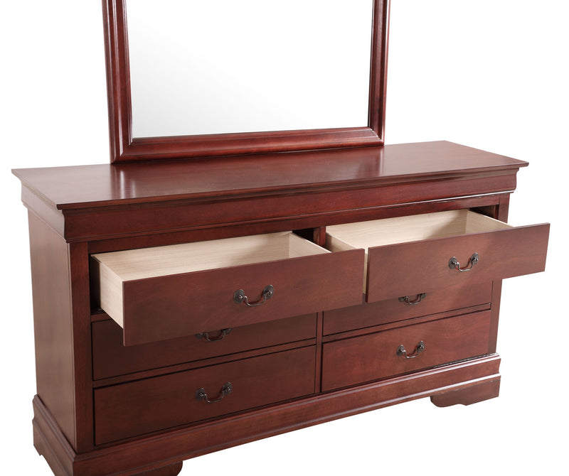 Elegant traditional storage dresser by Glory Furniture with multiple drawers and classic design, made of polished wood.