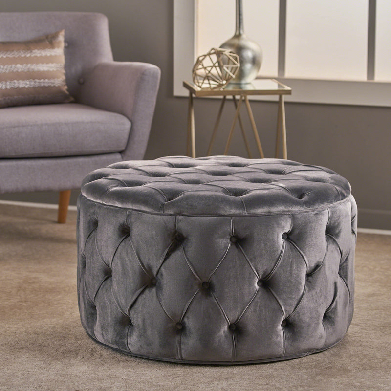 Modern Glam upholstered ottoman by Noble House featuring plush fabric and stylish design for elegant living room decor.