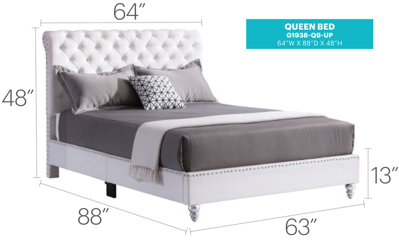 Elegant transitional upholstered bed with a padded headboard and wooden legs, stylishly designed by Glory Furniture.