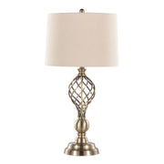 Set of two Lumi Source Linx Twist contemporary table lamps with antique soft brass bases and white shades.