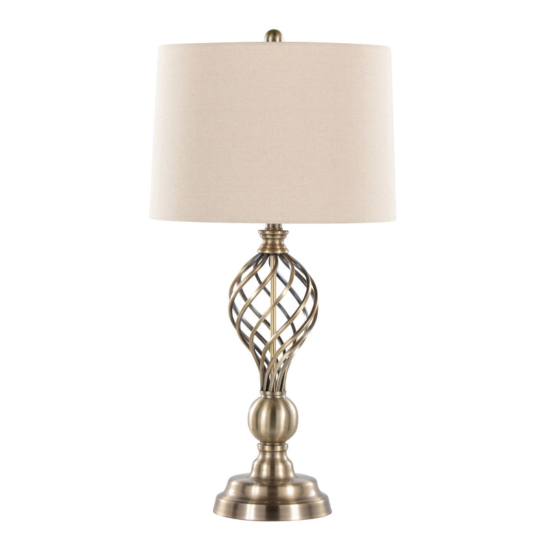 Set of two Lumi Source Linx Twist contemporary table lamps with antique soft brass bases and white shades.
