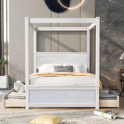 DreamHaus canopy platform bed with built-in drawers, support slats, no box spring needed, shown in a modern bedroom setting.