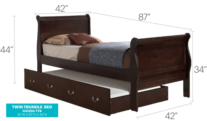 Elegant Glory Furniture trundle bed with a classic design, featuring a sturdy frame and a hidden pull-out bed for versatile sleeping options.