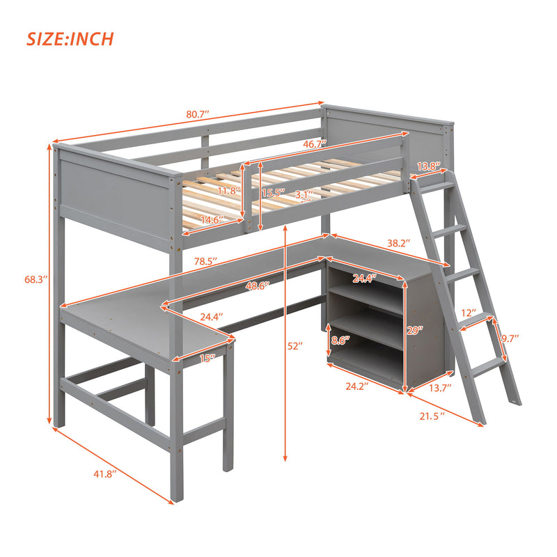 DreamHaus loft bed with built-in shelves and desk, featuring a modern design and space-saving layout for bedrooms.
