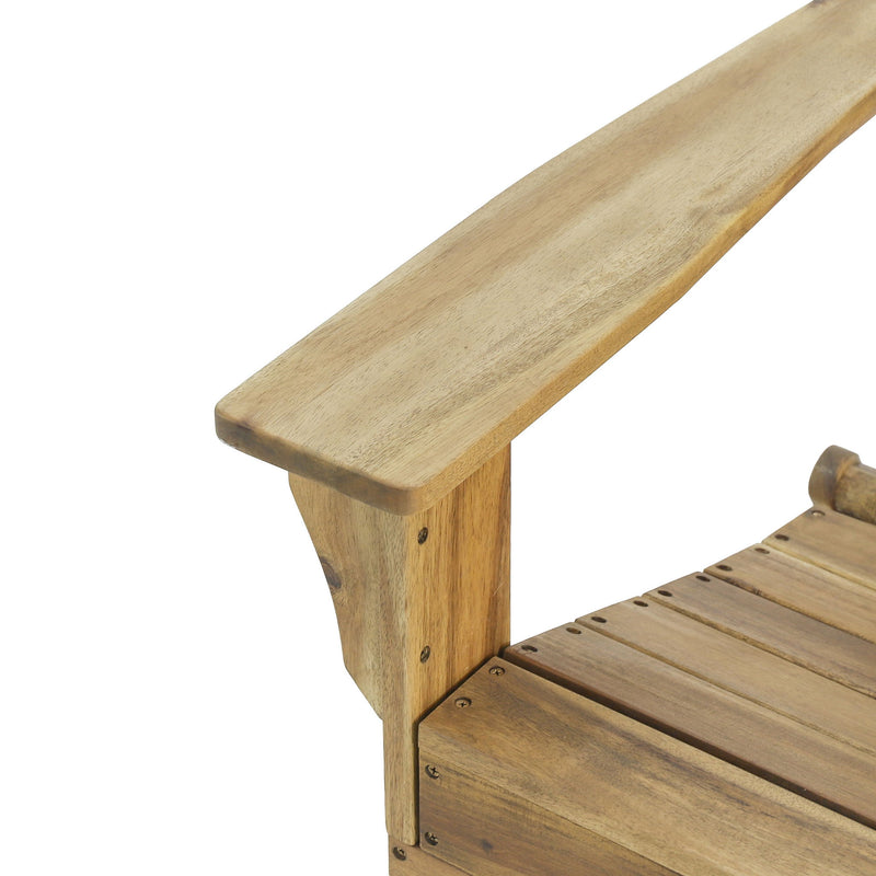 Natural wood outdoor foldable Adirondack arm chair with slat back by Noble House, ideal for patio or garden seating.