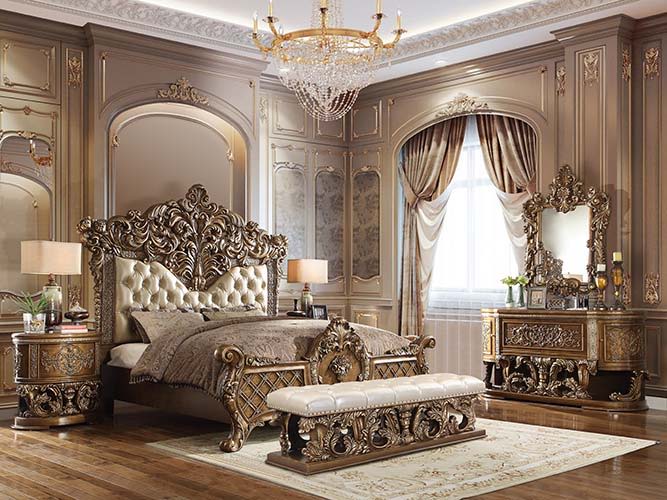 Constantine - Eastern King Bed - Synthetic Leather , Light Gold, Brown & Gold - R&R Furniture Gallery (Fountain Valley, CA)