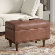 Small Simpli-Home Shiloh storage ottoman with cushioned top and wooden legs, ideal for living room or bedroom storage.