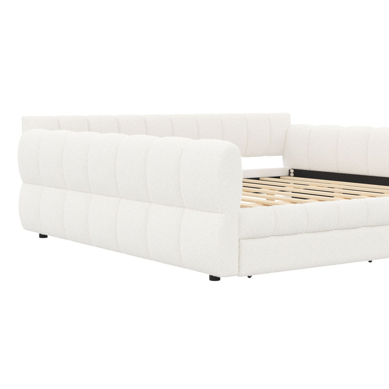 Dreamland upholstered platform bed with USB charging ports and two storage drawers, showcasing a stylish, modern bedroom design.