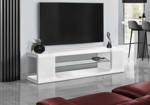 TV Stand, Console, Media Entertainment Center, Storage Shelves, Glossy Contemporary & Modern - White - R&R Furniture Gallery (Fountain Valley, CA)