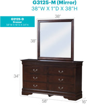 Louis Phillipe bedroom dresser by Glory Furniture featuring multiple drawers and a polished wooden finish.
