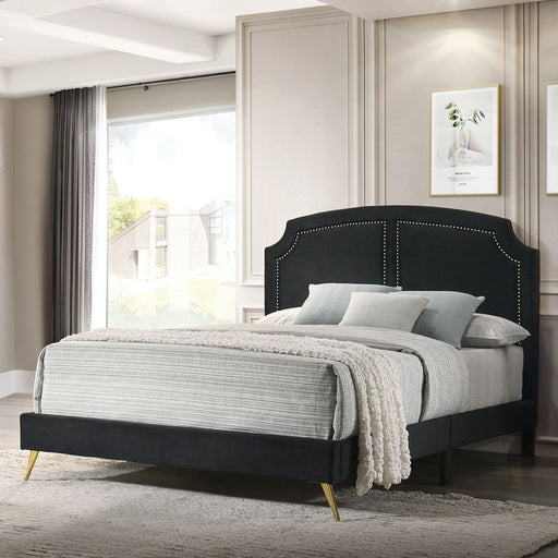 Upholstered Zeena bed by ACME with a padded headboard and sleek frame, shown in a modern bedroom setting.