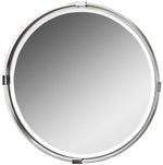Uttermost Tazlina round wall mirror with brushed nickel finish, showcasing a sleek, modern design and reflective glass surface.