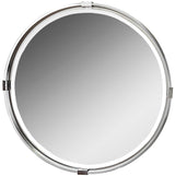 Uttermost Tazlina round wall mirror with brushed nickel finish, showcasing a sleek, modern design and reflective glass surface.