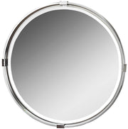 Uttermost Tazlina round wall mirror with brushed nickel finish, showcasing a sleek, modern design and reflective glass surface.