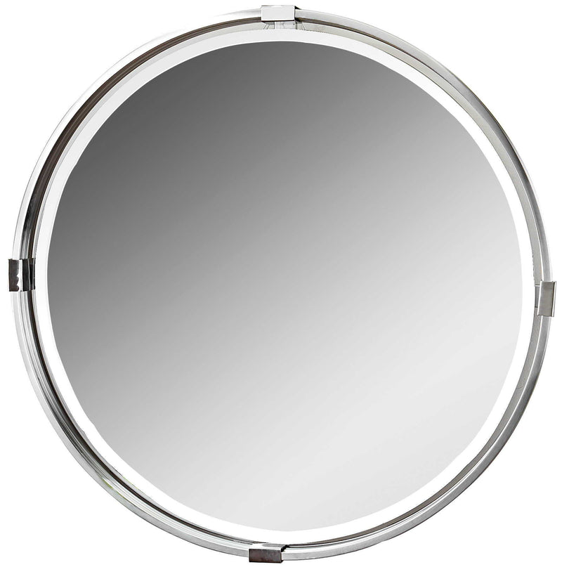 Uttermost Tazlina round wall mirror with brushed nickel finish, showcasing a sleek, modern design and reflective glass surface.