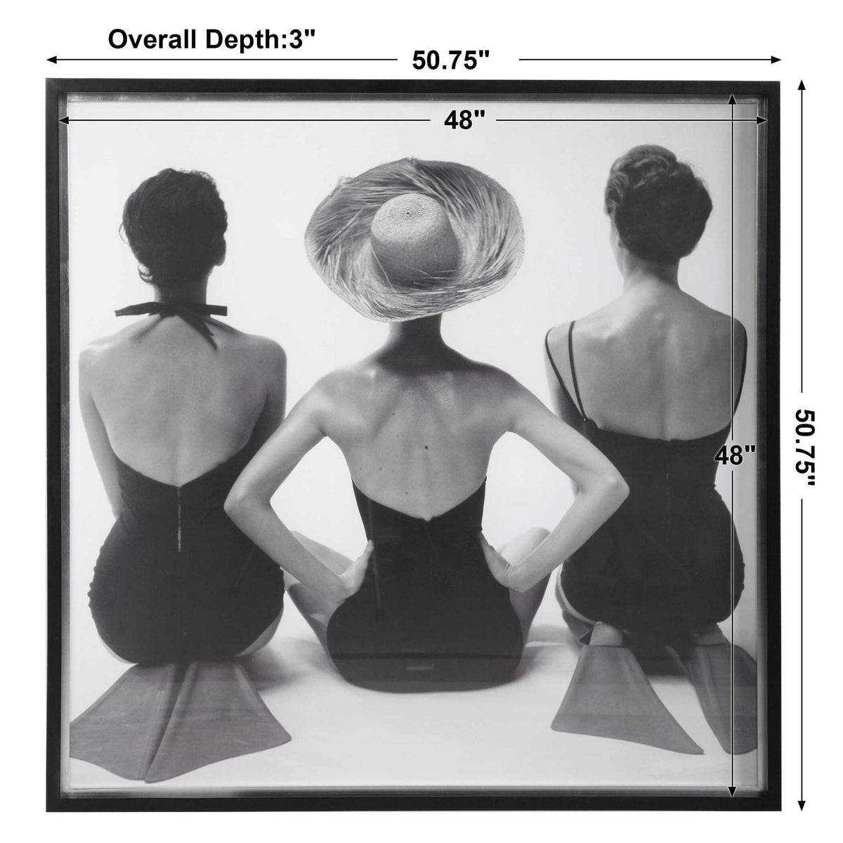 Framed print of 1959 ladies' swimwear fashion in black, by Uttermost, featuring vintage swimwear illustration artwork.