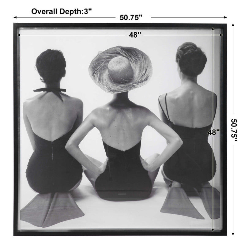 Framed print of 1959 ladies' swimwear fashion in black, by Uttermost, featuring vintage swimwear illustration artwork.