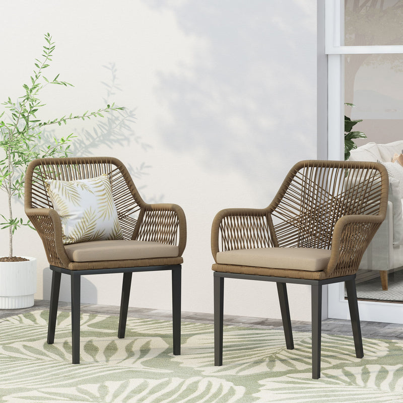 Noble House modern wicker dining club arm chair with water-resistant cushions in brown and beige, suitable for outdoor or indoor use.