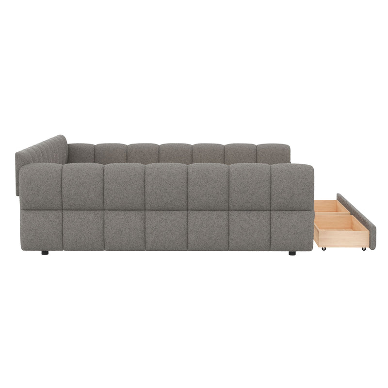 Dreamland upholstered platform bed with USB charging ports and two storage drawers, featuring a modern fabric headboard and sleek design.
