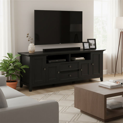 Simpli-Home Amherst wide TV media stand with open shelves and storage cabinets, ideal for modern living room setup.