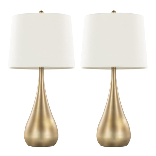 Set of two Lumi Source Pebble contemporary table lamps with smooth rounded ceramic bases and fabric shades on a wooden surface.