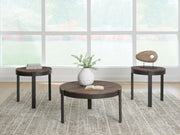 Set of three Horizon Hills occasional tables by Signature Design Ashley in brown and black, featuring modern wooden and metal finishes.
