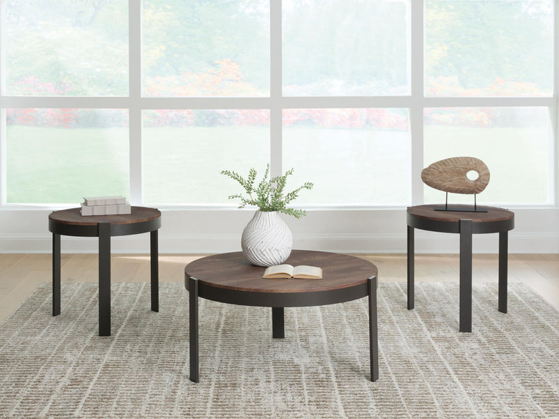 Set of three Horizon Hills occasional tables by Signature Design Ashley in brown and black, featuring modern wooden and metal finishes.