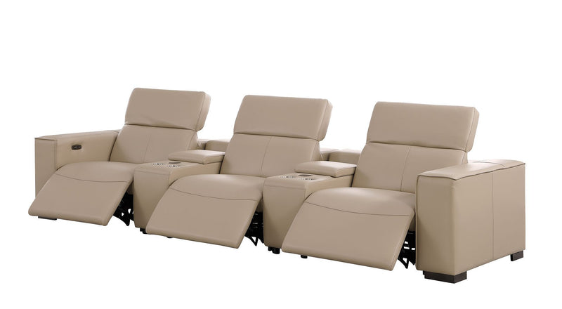1208 - Leather Sofa With 3 Power Recliners And Two Storage Consoles