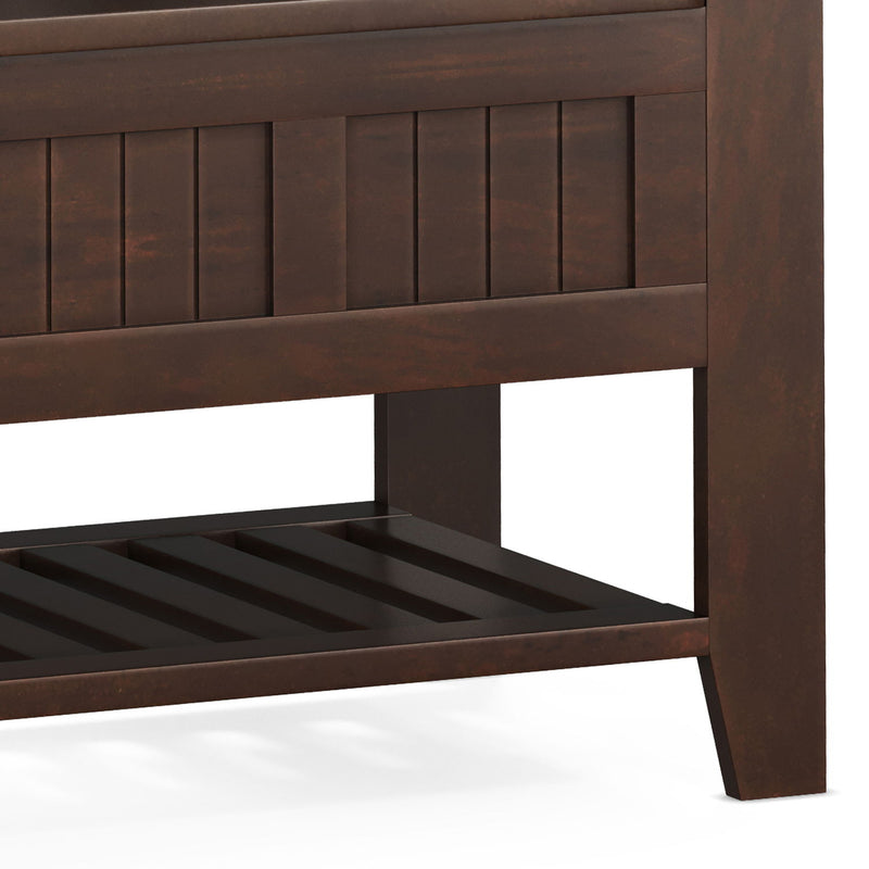 Brown Acadian Entryway Storage Bench with shelf by Simpli-Home, featuring a sturdy wooden design and convenient storage space.