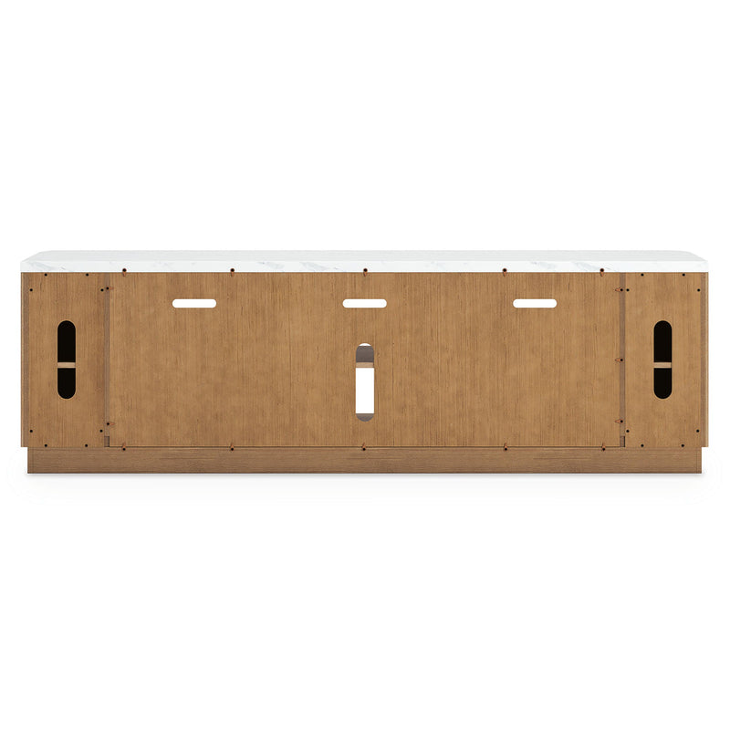 Light brown Camdill XL TV stand with fireplace option from Signature Design by Ashley, featuring spacious shelves and modern design.
