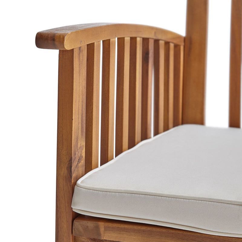 Noble House Casa acacia dining chair set with cushions, featuring natural wood finish and comfortable padded seats, ideal for dining rooms.