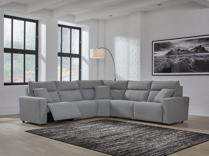 Modmax II reclining sectional in salt and pepper fabric by Signature Design by Ashley, showing the plush, modern sectional with reclining seats.