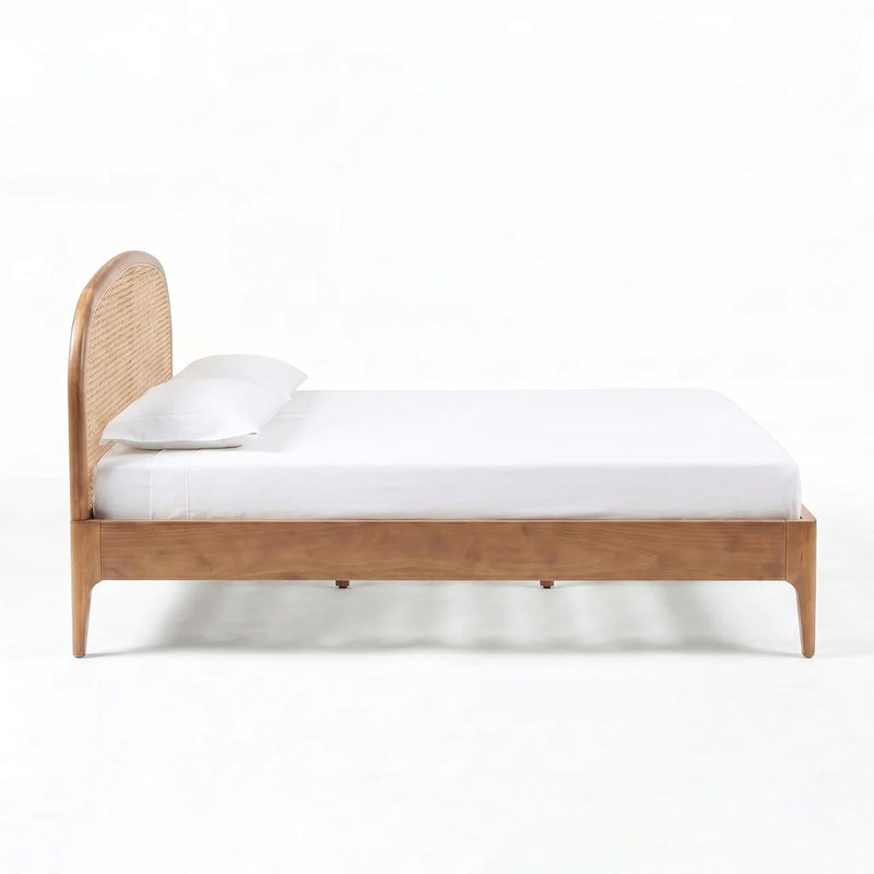 Rattan panel bed by TOV Furniture featuring a natural woven rattan headboard and frame, modern and stylish bedroom furniture.