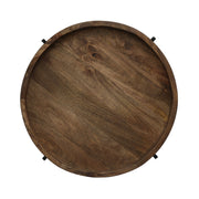 Modern industrial round end table with tray top and foldable iron legs, featuring a natural wood finish, by Noble House.