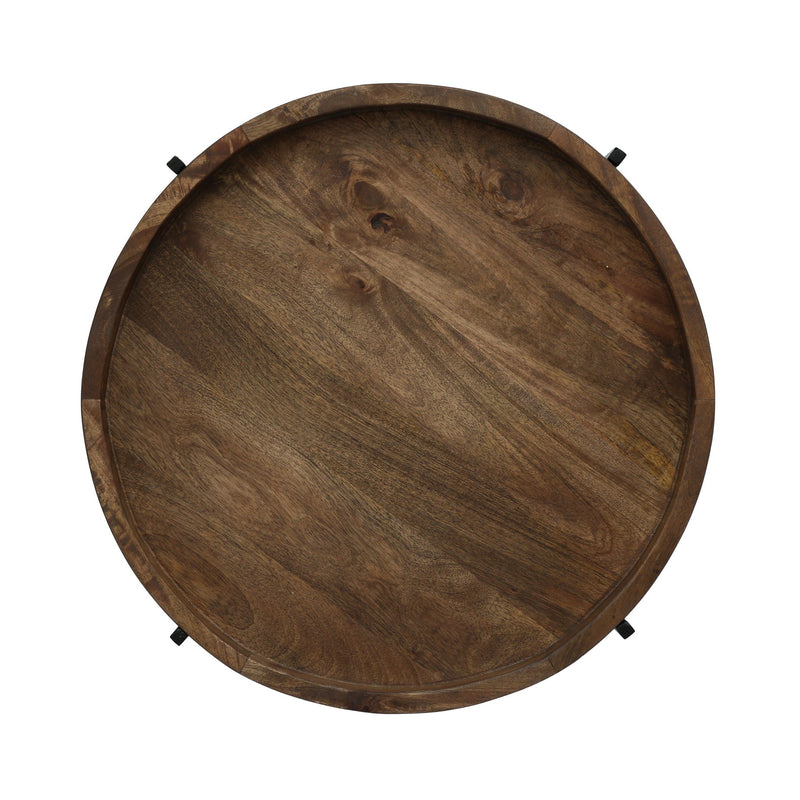 Modern industrial round end table with tray top and foldable iron legs, featuring a natural wood finish, by Noble House.