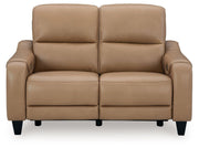 Ashley Mosswell power reclining loveseat with adjustable headrest in toffee upholstery, showing plush cushions and reclining features.