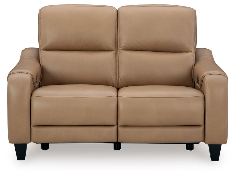 Ashley Mosswell power reclining loveseat with adjustable headrest in toffee upholstery, showing plush cushions and reclining features.