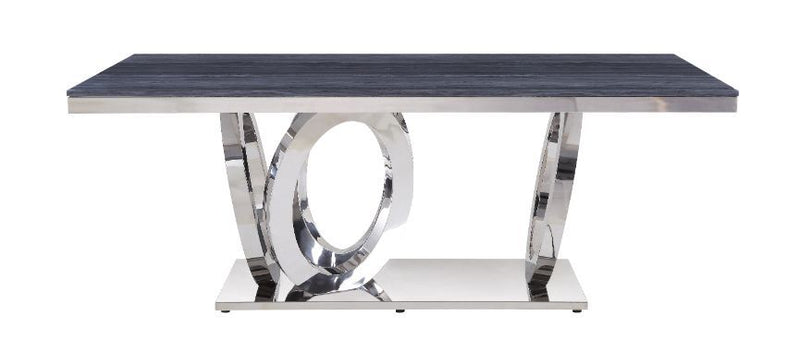Nasir - Dining Table - Gray Printed Faux Marble Top & Mirrored Silver - R&R Furniture Gallery (Fountain Valley, CA)