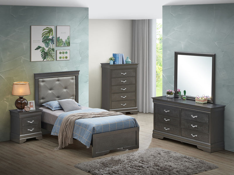 Upholstered bed named Lorana by Glory Furniture, showcasing a modern, padded headboard and plush fabric in a bedroom setting.