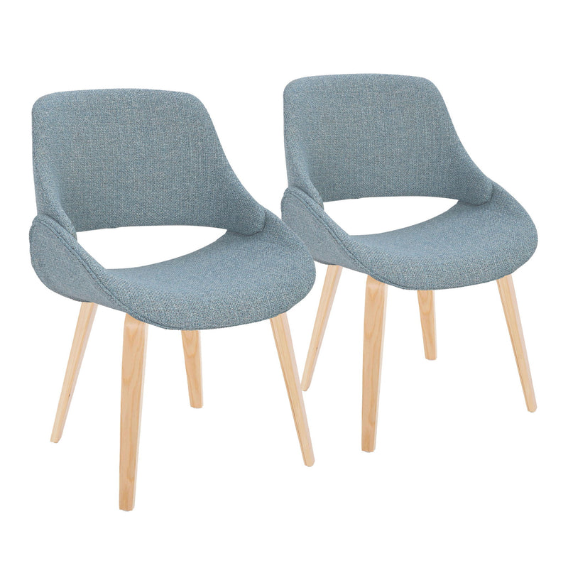Lumi Source Fabrico mid-century modern dining chair set with blue, cream, or camel upholstery and natural bent wood legs.